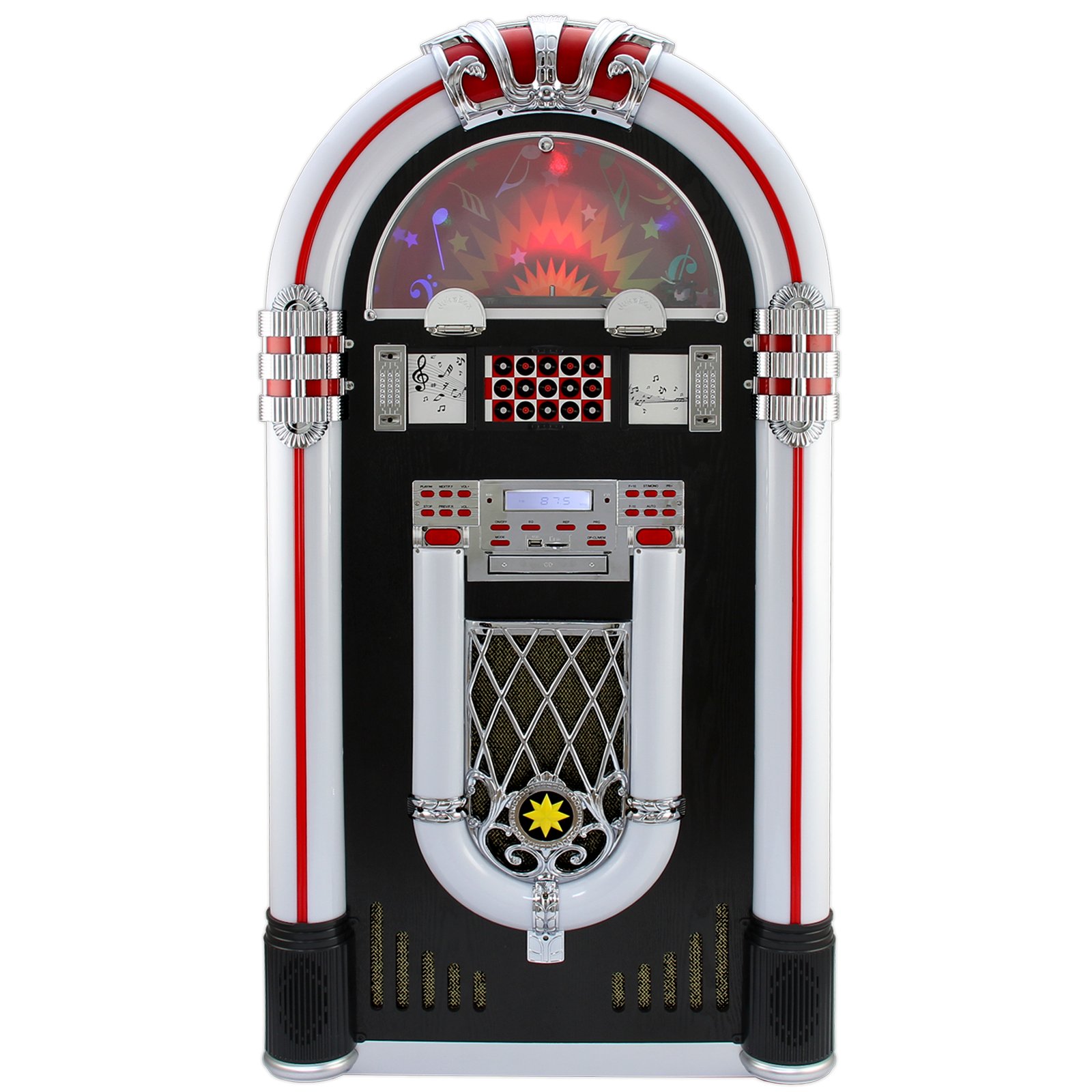 Monstershop Jukebox Holz-Gehäuse Retro 50er Jahre Musikbox mit Schallplattenspieler USB-SD-Slot, AUX, MP3 Player CD-Player Bluetooth Radio mit LED-Beleuchtung Fernbedienung 38cm x 64cm x 127cm