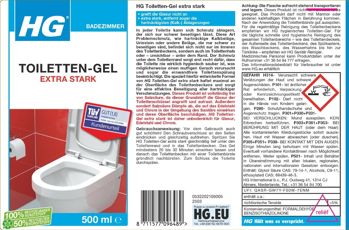 HG Super Fuerza inodoro limpiador, 2 unidades (2 x 500 ml)