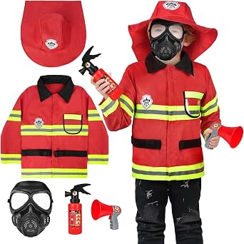 Kids Fireman Costume Set, 5Pcs Dress Up Firefighter Outfit for Boys and Girls with Complete Accessories Firefighter Toy Set, Children Role Play Halloween Costumes, Red 120cm