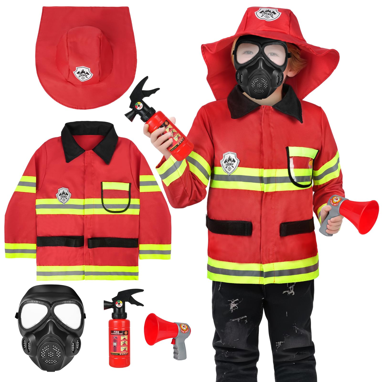 Alaoo Kids Fireman Costume Set, 5Pcs Dress Up Firefighter Outfit for Boys and Girls with Complete Accessories Firefighter Toy Set, Children Role Play Halloween Costumes, Red 120cm