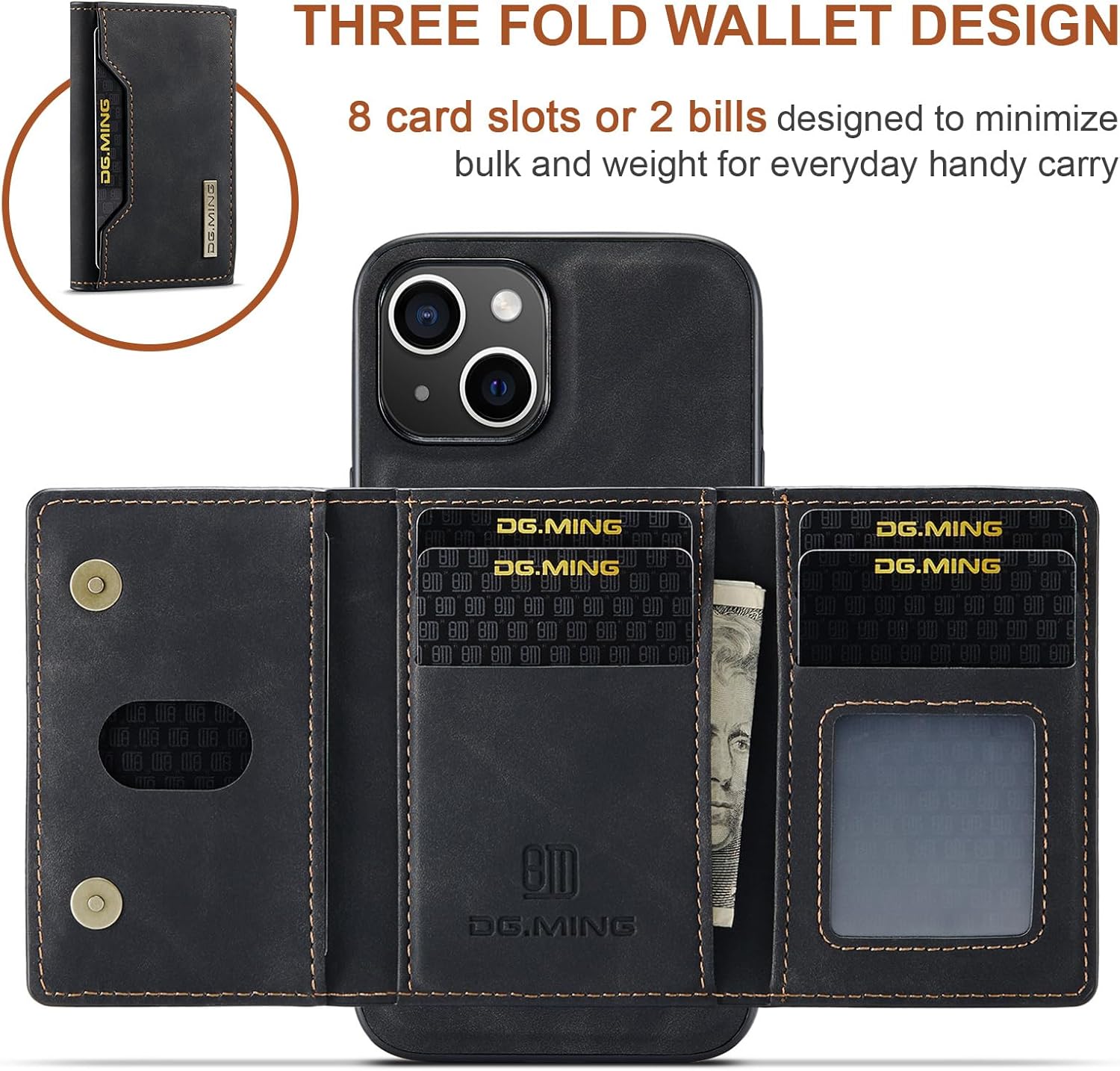 SZHAIYU Leather Wallet Phone Cases Compatible with iPhone 15 Case with Card Holder Men 6.1'' 2 in 1 Detachable Back Cover (Black, IP 15)