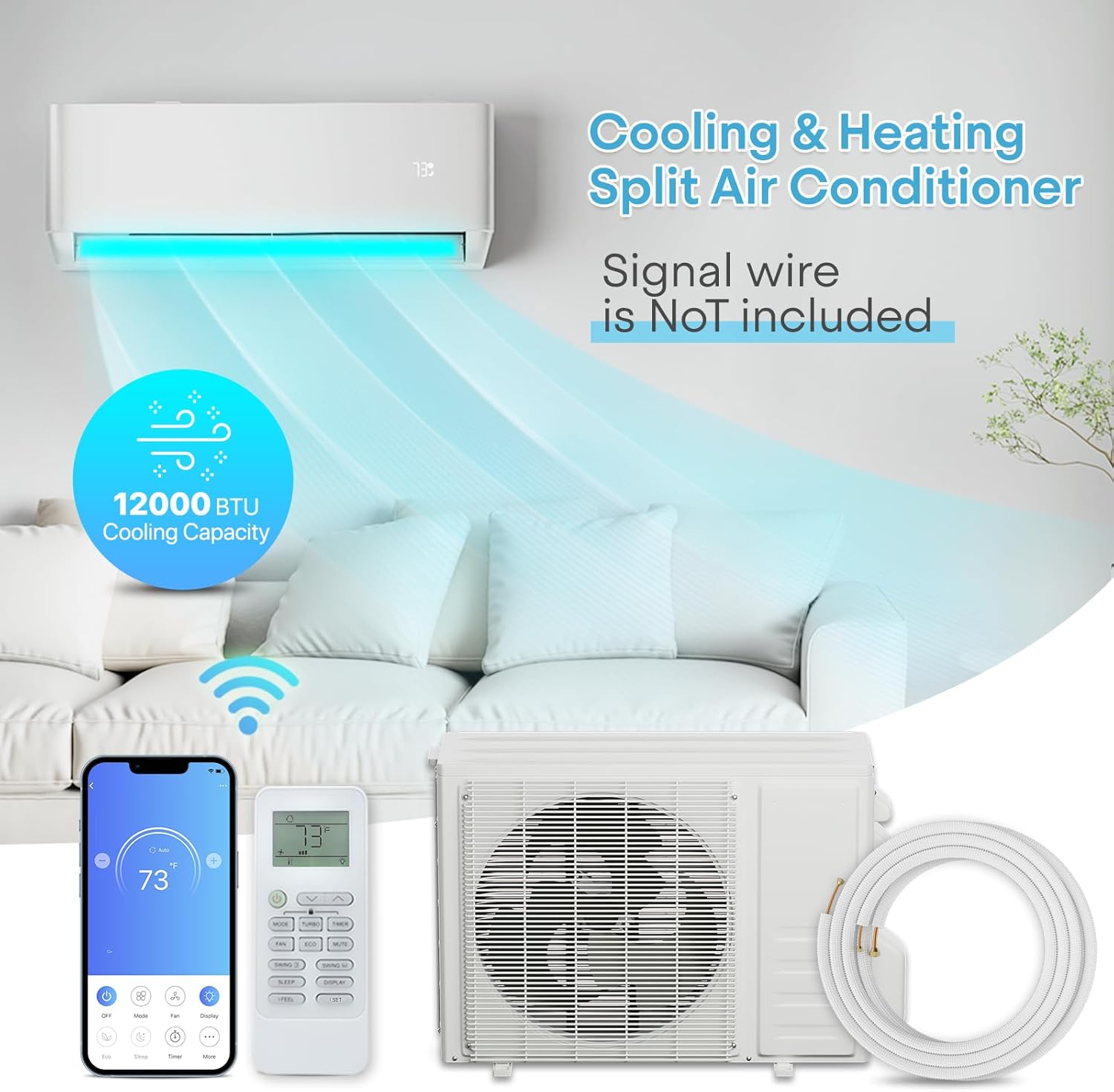 Mini split AC system with remote control and smartphone app