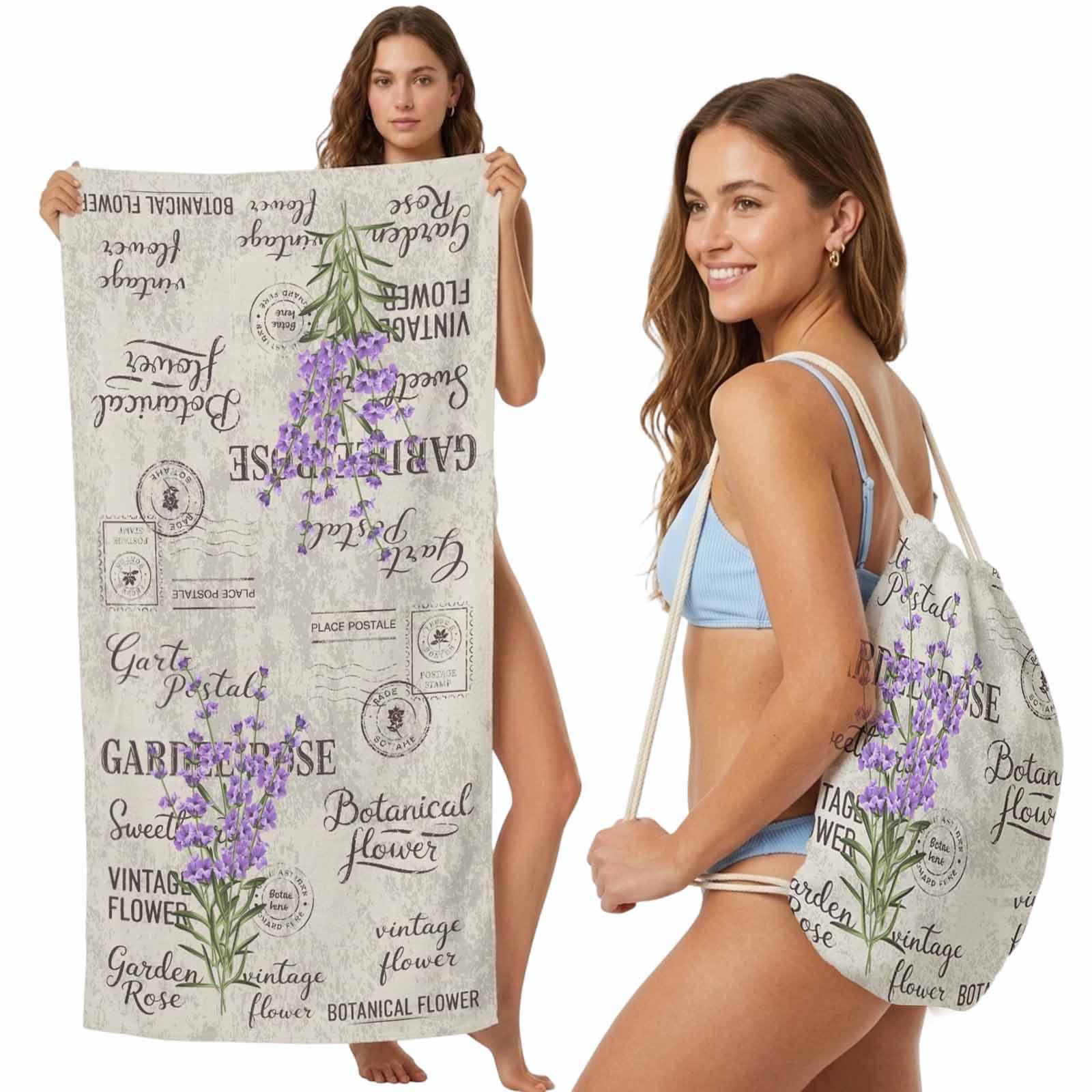 FWJZDSP Beach Towel Backpack, Lavender Leaves on Vintage Letter 2-in-1 Foldable Soft Microfiber Quick Dry Beach Towel 31.5x63in Botantical Flower Lightweight Pool Towels Bag for Travel, Yoga, Gym