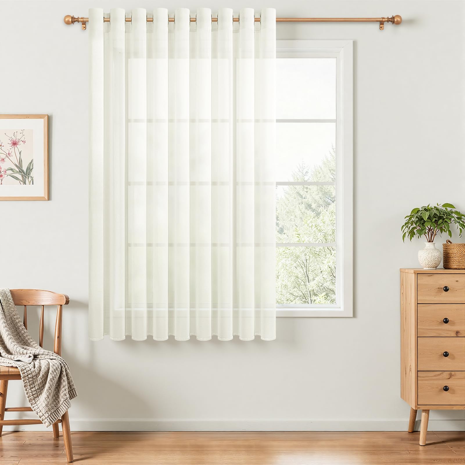 MRTREES Cream Transparent Eyelet Curtains, 200 x 100 cm, 1 Piece, Transparent Curtain, Elegant Interior Curtains for Living Room, Bedroom, Adult, Dining Room, Window, Modern Bay Window — image 1