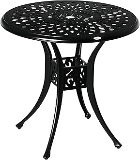 Outsunny 78cm Round Garden Dining Table Bistro Set with Parasol Hole Antique Cast Aluminium Outdoor Table, Black