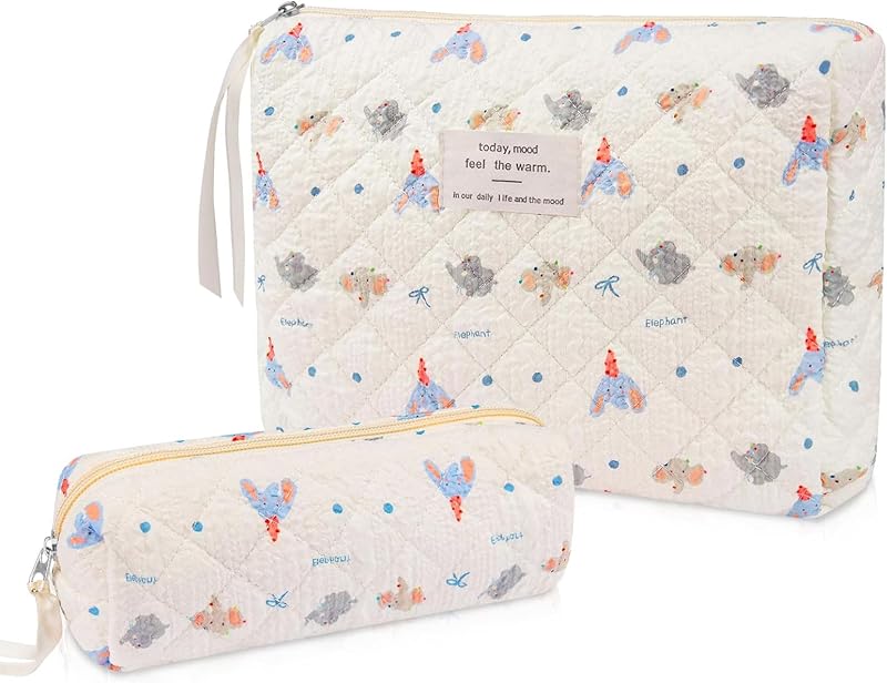 Gosect Conjunto com 2 Necessaires de Maquiagem de Algodão com Estampa Floral, Fechamento com Zíper, 2pc Elephant