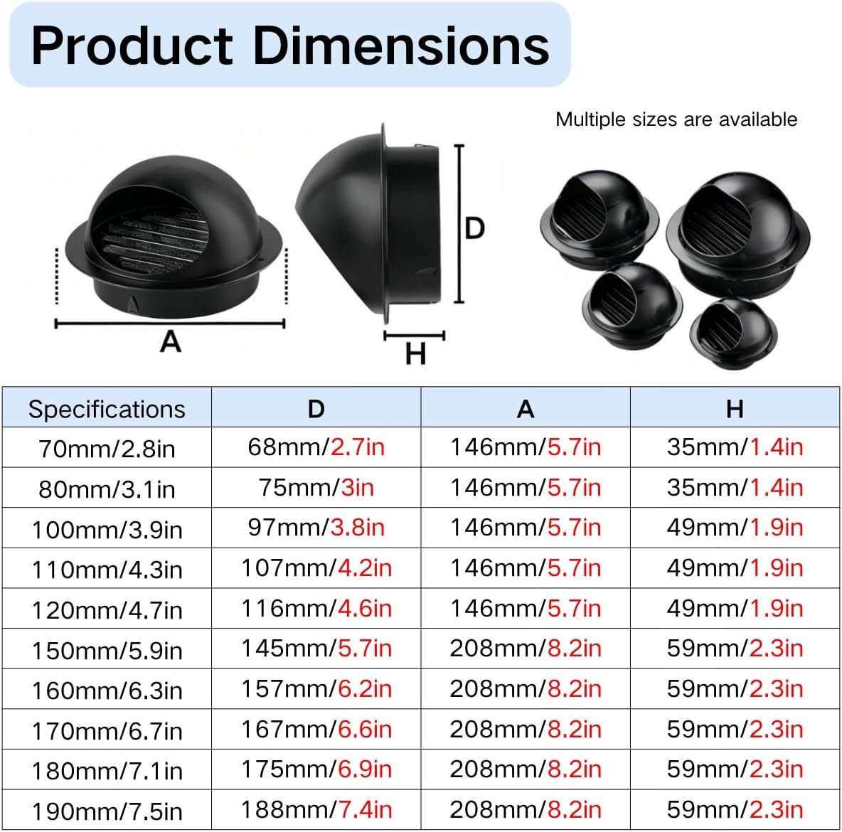4 Inch Round Metal Dryer Vent Cover, 3" 5" 6" 7" Black 304 Stainless Steel Air Vents for Wall, Outdoor Exhaust Hood, Outside Bathroom Soffit Screen Grille, Free Gloves(150mm/5.9in)