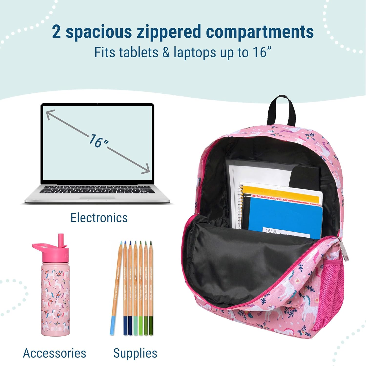 Wildkin 16-inch Kids Backpack – Durable, Padded & Spacious School Bag for Boys & Girls - Magical Unicorns
