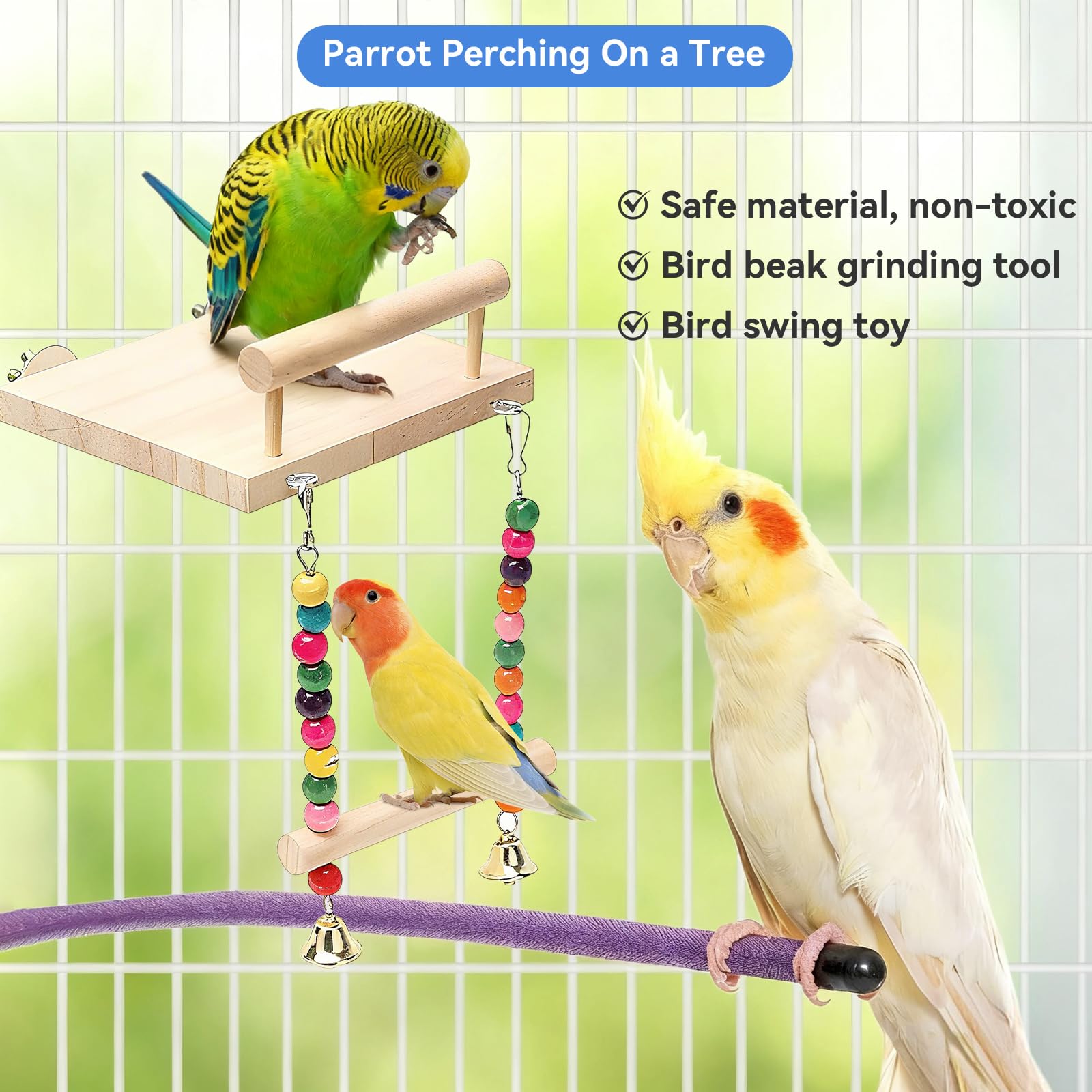 ZhouWei Perchoir Perroquet en Bois, Perchoir Oiseaux pour Cage à Oiseaux Jouet Perroquet avec Rondelles Balançoire en Bois, Accessoire pour Calopsittes Inséparables Canaris