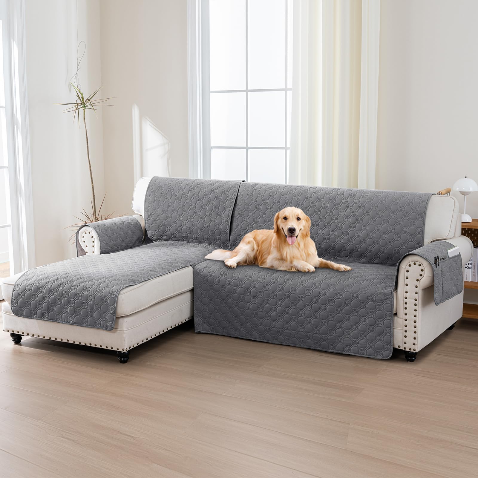 BellaHills 100% Impermeabile Copridivano 3 Posti Con Penisola a Sinistra- Copridivano Angolare - Antiscivolo - Antimacchia - Antigraffio Copridivano, Seduta 205cm, Grigio