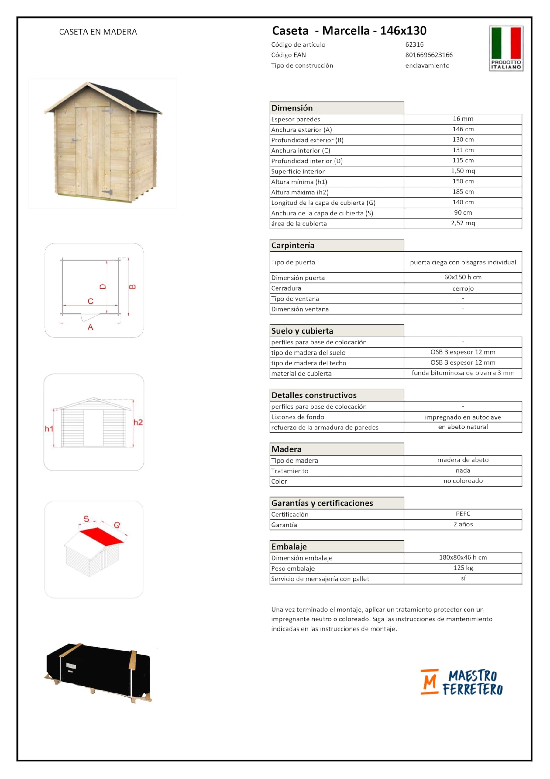 Gartenhaus Bh16 Marcella 146x130 aus Naturbelassenem Fichtenholz 16 mm mit Einzeltür, OSB3-Dach und -Boden, einfacher Aufbau, druckimprägniert, PEFC-Zertifiziert