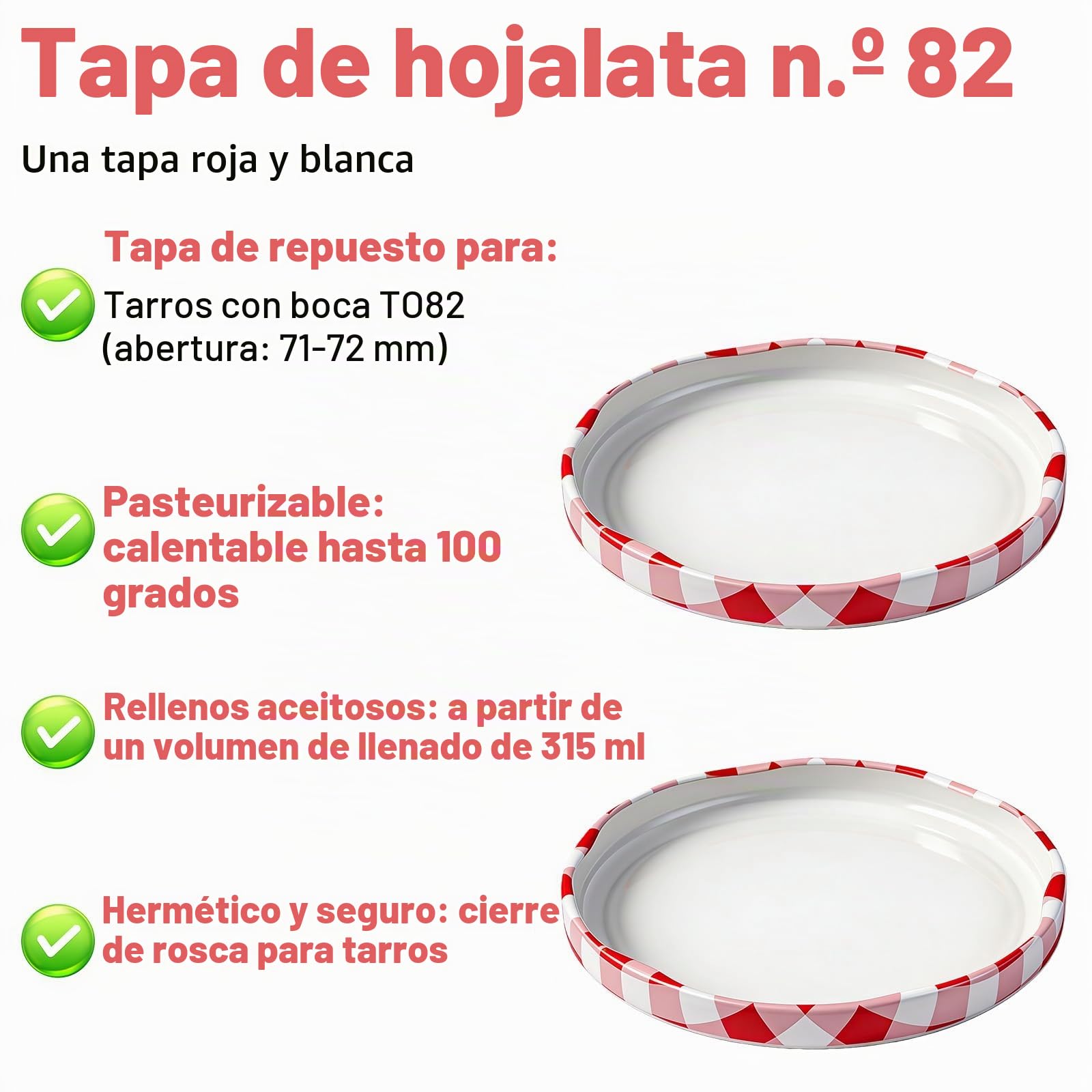 Pack de 60 tapas de repuesto, tapas de rosca TO 82 mm, a cuadros rojos/blancos, tapa twist-off de metal, hermética, tapa para botellas y tarros de conserva