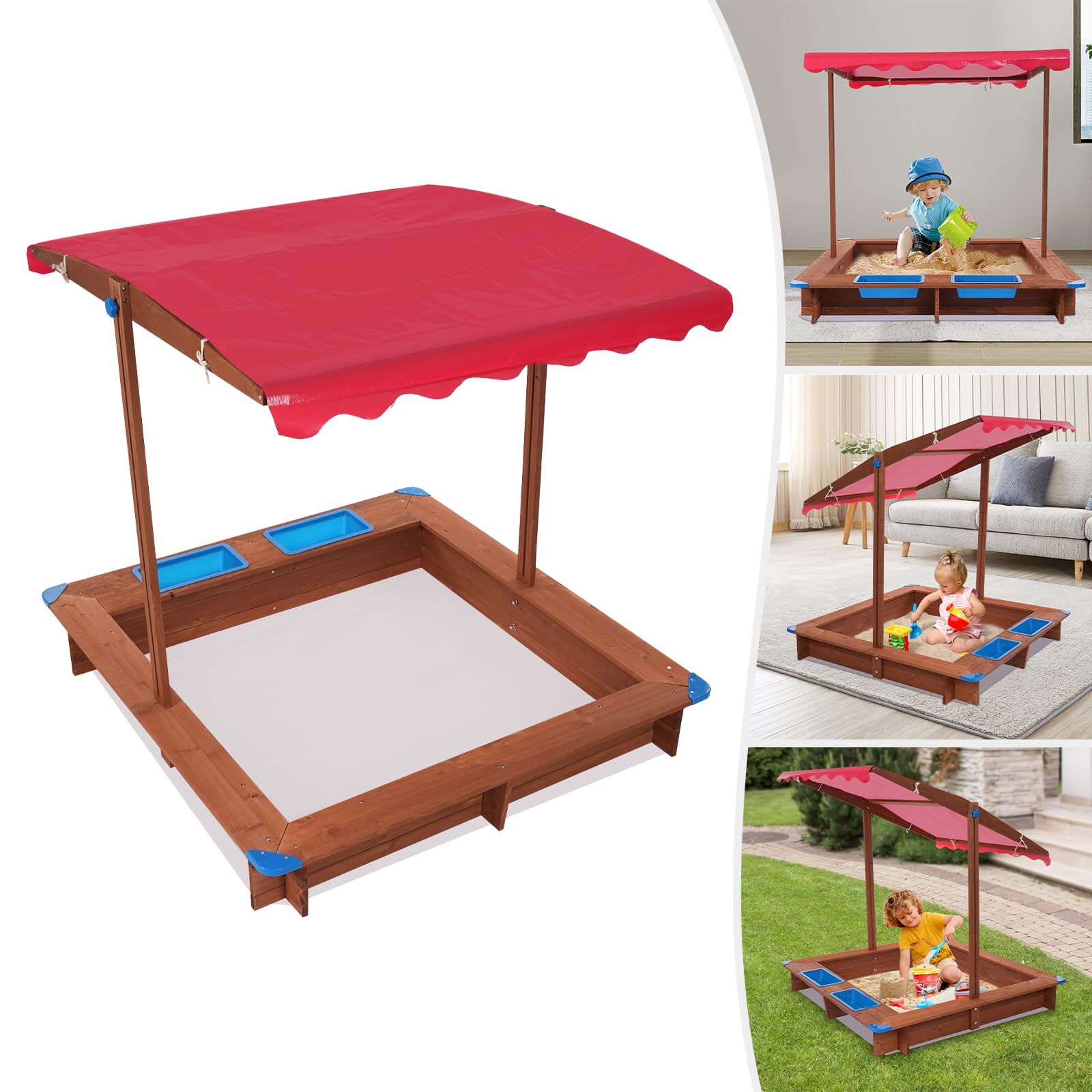 Sandkasten Sonnendach, Sandkasten aus Massivholz, mit Gewebter Stoff, Bodenmatte, Kinder Sandkasten Outdoor, 126 x 121 x 118cm (Rot)