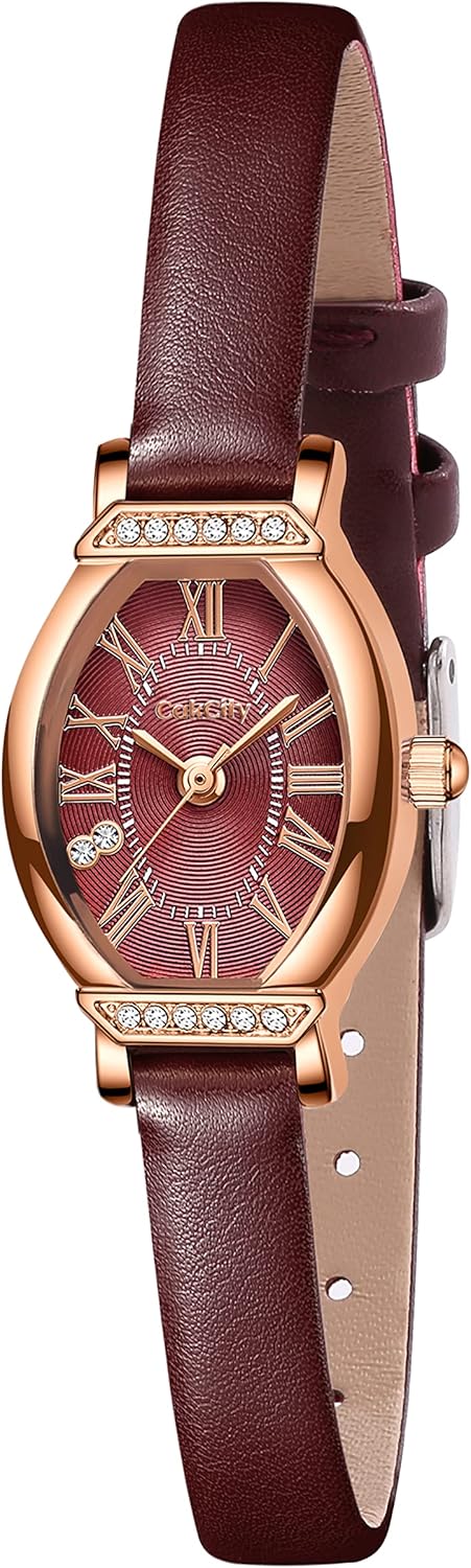 CakCity Women's Dainty Small Oval Leather Strap Watch Ladies Wrist Watch,Black/Rose Gold,CK013,20x27mm