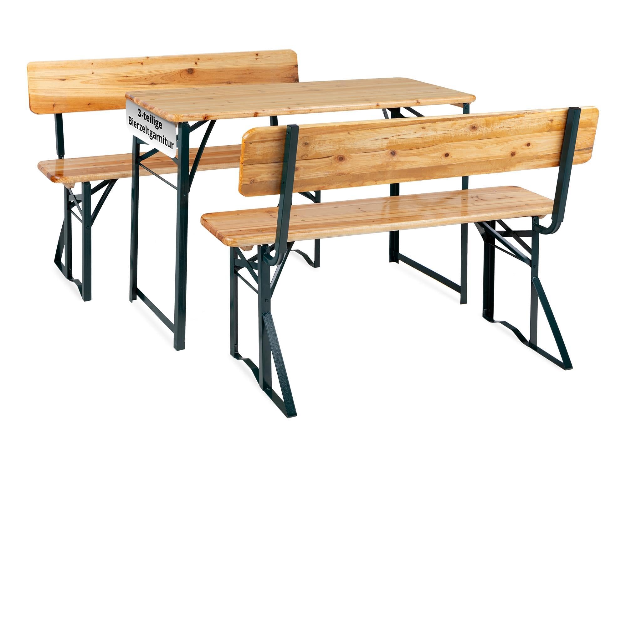 Stagecaptain BBDL-119 NT Hirschgarten Bierzeltgarnitur mit Lehne für Balkon - 119 cm Länge - Klappbare Festzeltgarnitur 1x Tisch, 2X Bank - Holz Sitzgarnitur - Innen & Außenbereich - Natur