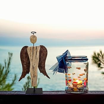 木製エンジェル Vintage Standing Angel On Wood Base W Floral Accents & Box