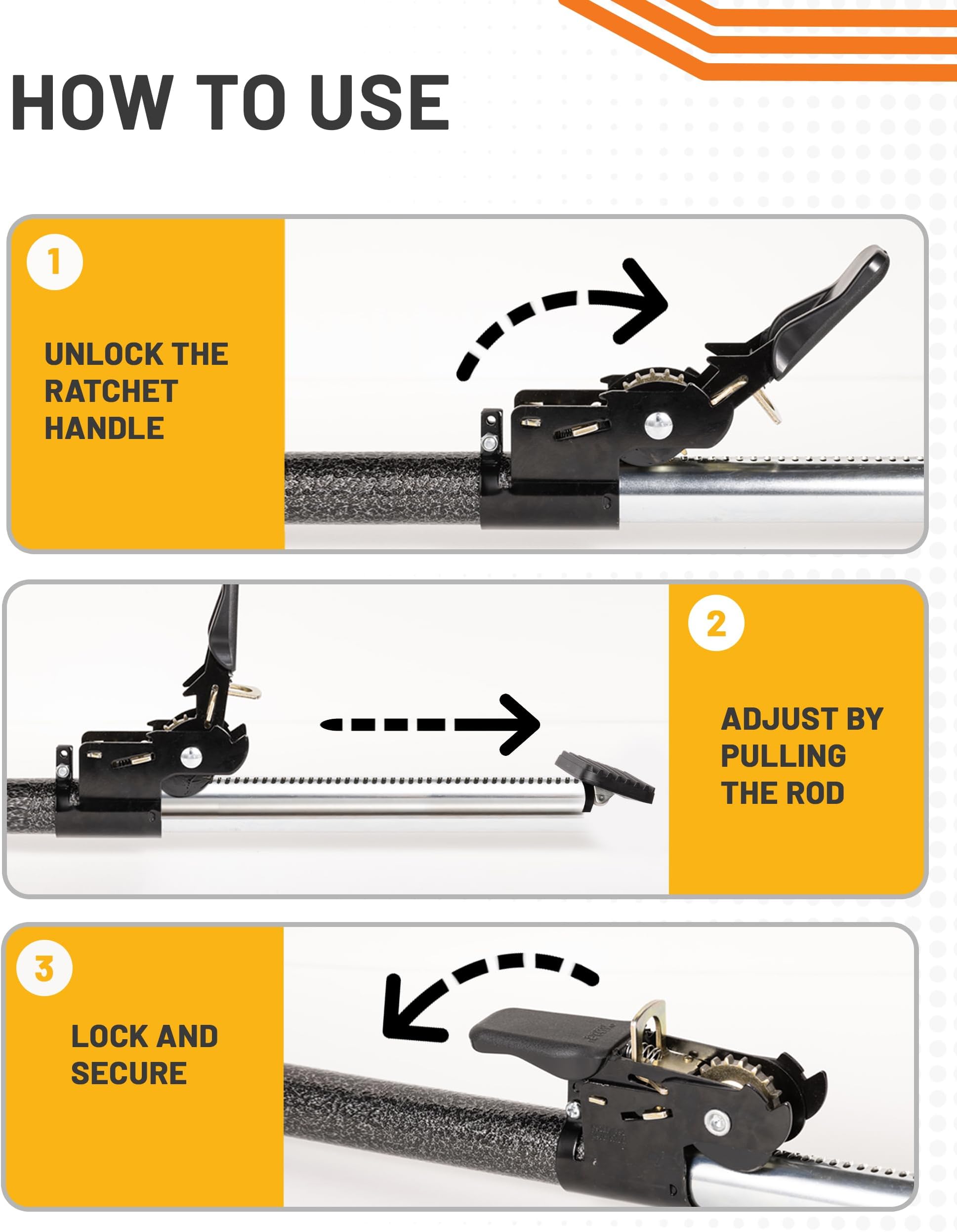 Strapinno - Ratcheting Cargo Bar 44"-74", Non-Slip Truck Bed Divider, Easy Setup, Strong 1.25" Tube, Adjustable Stabilizer for Pickup Trucks