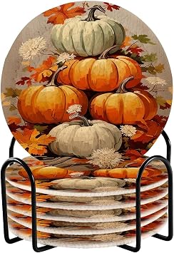 Fall Pumpkin 6 Pcs Coasters with Holder,Bar Coasters Set for Drinks,3.9" Round Table Coasters for Coffee Table Tabletop Protection Housewarming Gift for Home Decor 2010831