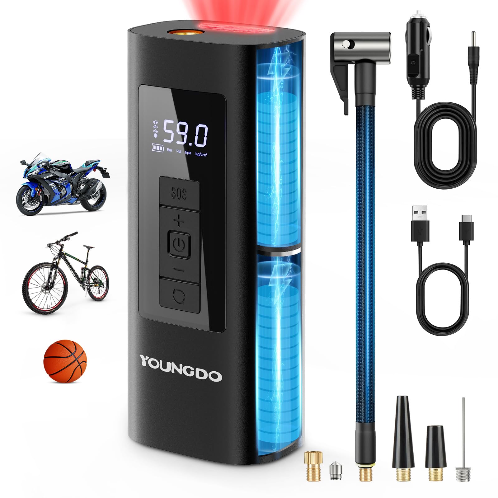 YOUNGDO Pompa per Bicicletta 150PSI, Mini Compressore Aria Portatile  6000mAh, Pompa Elettrica per Bicicletta, Pompa ad Aria per Bicicletta con  Lampada LED, per Bici, Moto, Palle : Amazon.it: Sport e tempo libero