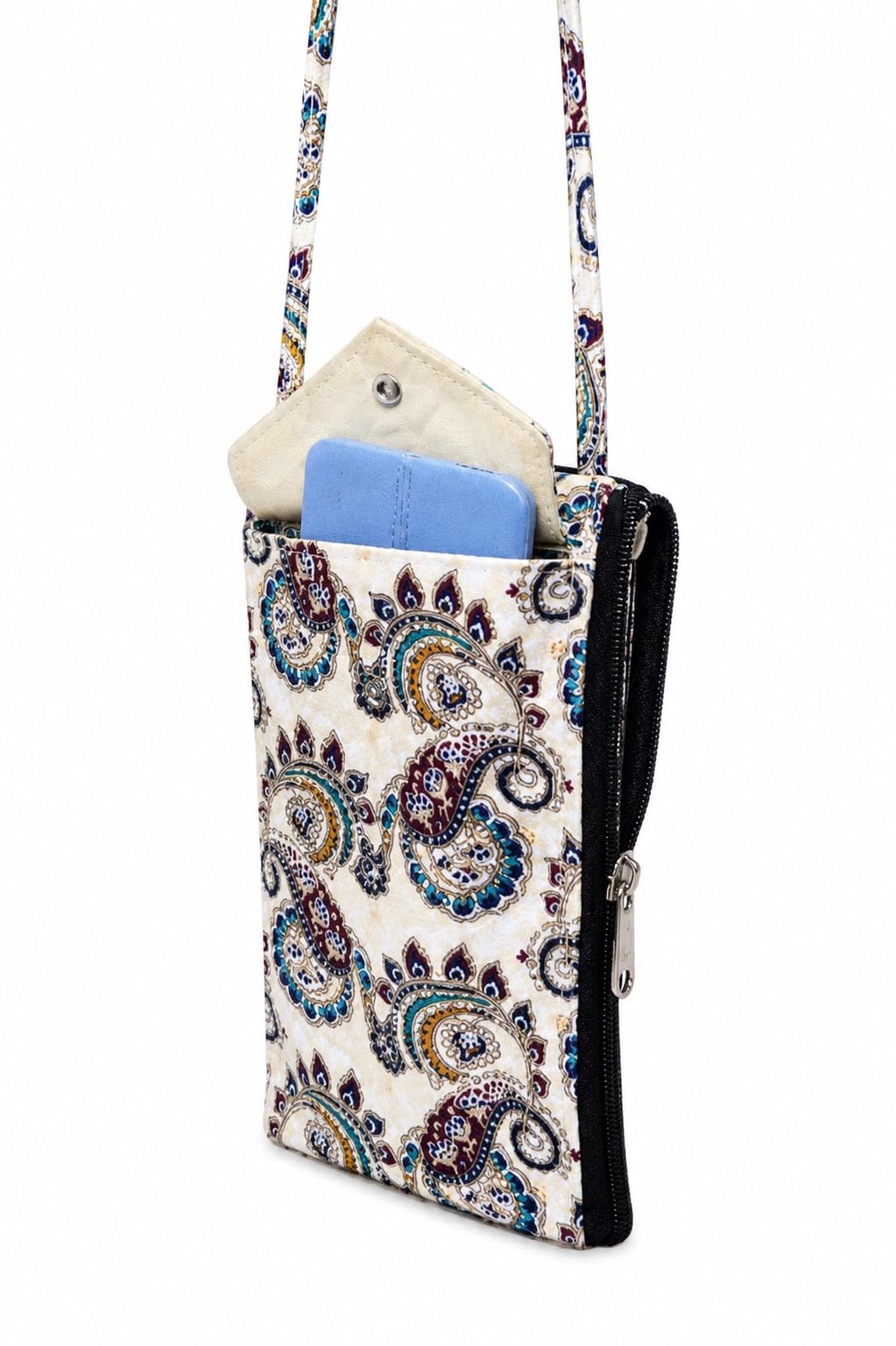 Women's Printed Mobile Sling Bag | Cotton Crossbody Phone Pouch | Zipper Closure | Mini Shoulder Bag for Women & Girls | Cream Multicolor-image-25