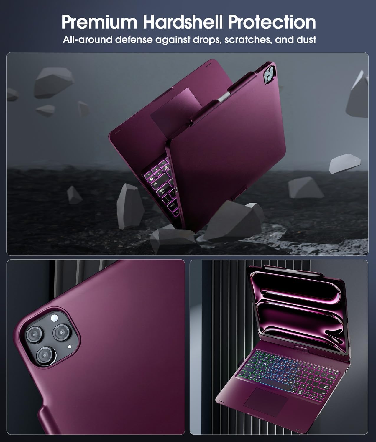 Baisla Case with Keyboard for iPad Pro 13-inch(M5/M4), iPad Air 13-inch(M4/M3/M2) & iPad Pro 12.9", Trackpad, 360 Rotatable, Rainbow Backlit Wireless Protective Case with Pencil Holder -Raspberry