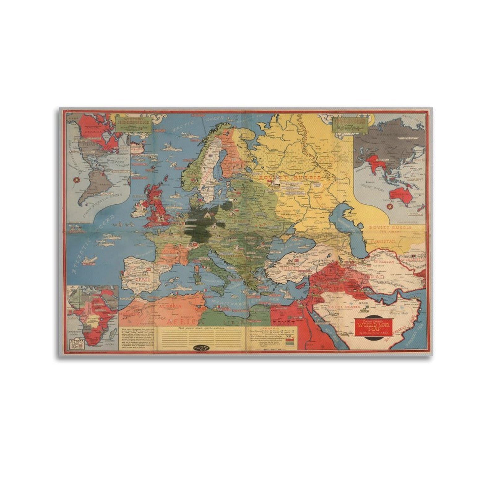 Okngb Unframe-Style Vintage Travel Map Poster World War 2 Map Decorative Painting Canvas Art Picture 24X36inch(60X90cm)