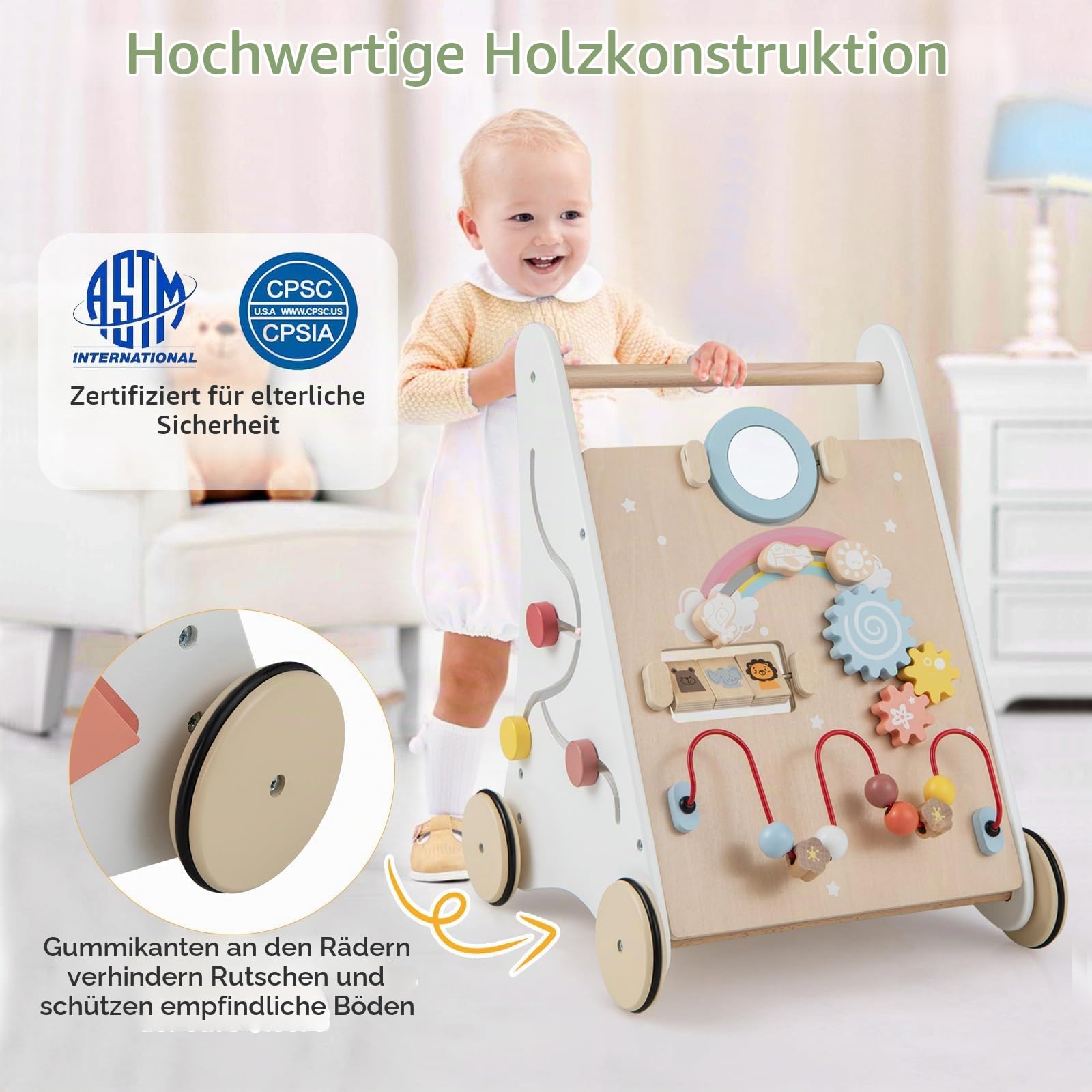 FANTASK 7 in 1 Lauflernwagen aus Holz, Lauflernhilfe mit Aufbewahrungsbox in Weiß, Montessori Baby Walker mit Spielbrett, Spiegel & Bauklötzen, Jungen und Mädchen ab 1 Jahr