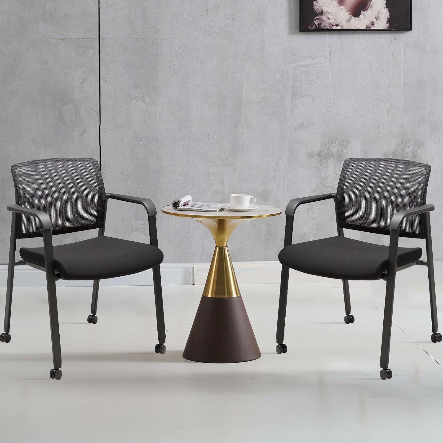 CLATINA Mesh Back Guest Reception Arm Chairs with Wheels, Waiting Room Chairs with Upholstered Fabric Seat and Ergonomic Lumbar Support for Office