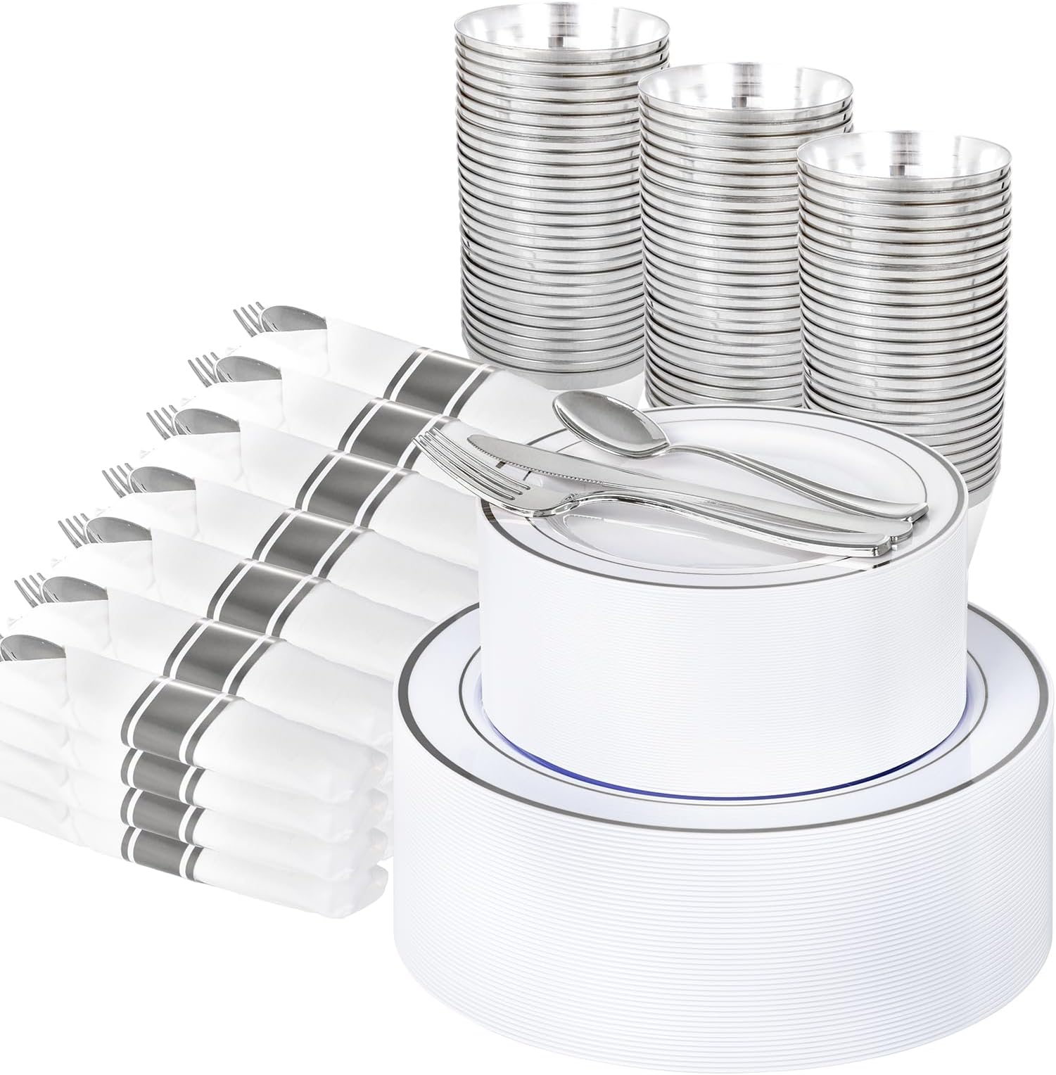 WELLIFE 350Pcs Silver Plastic Plates with Disposable Silverware and Cups, Include: 50 Dinner Plates 10.25”, 50 Dessert Plates 7.5”, 50 Silver Rim Cups 9 OZ, 50 Pre Rolled Napkins Packed in
