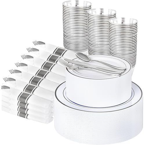 WELLIFE 350-Piece Silver Plastic Dinnerware Set - Disposable 10.25" Dinner Plates, 7.5" Dessert Plates, 9oz Silver Rim Cups & Cutlery for Weddings - 50 Guest Service - Elegant Disposable Silverware