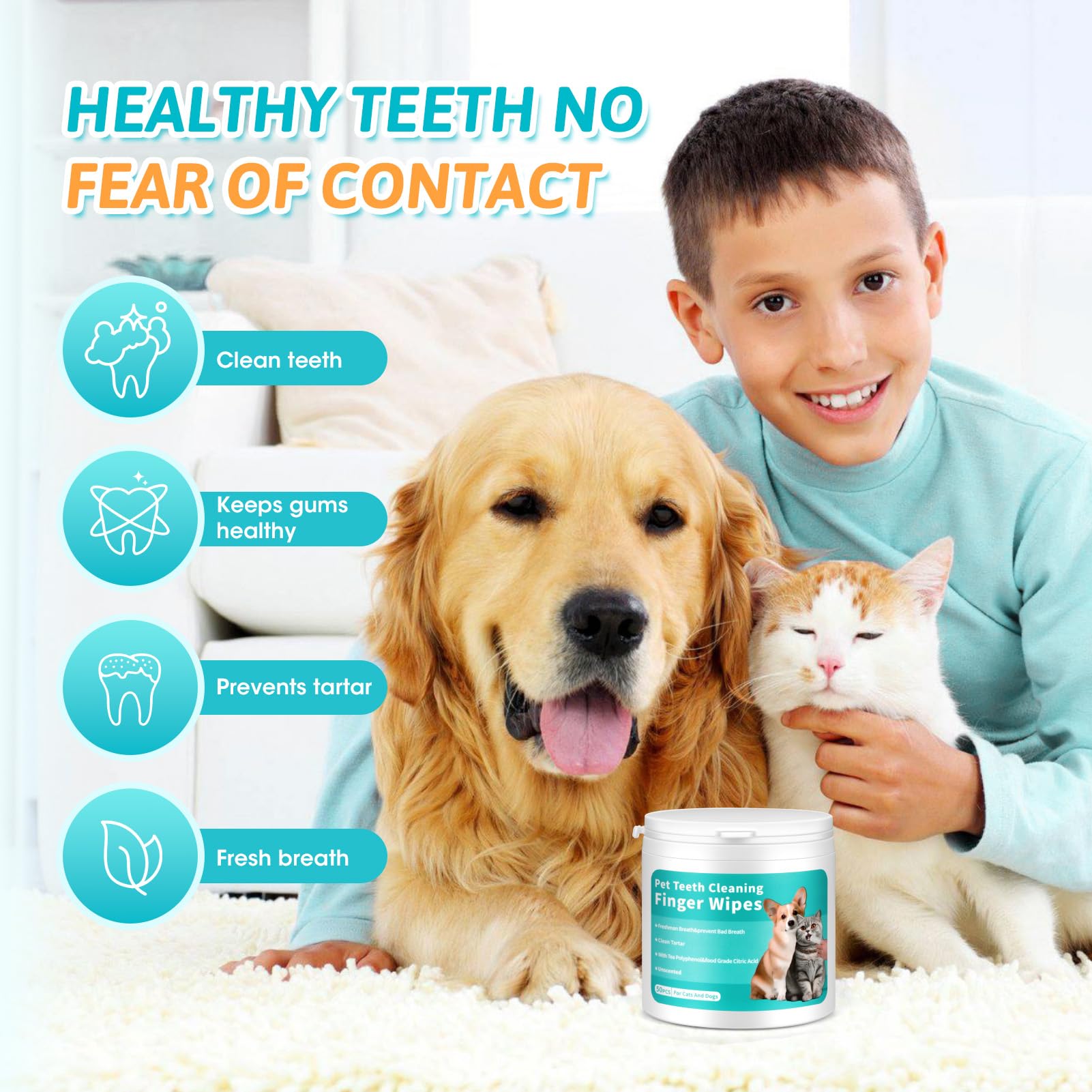 Geyrut Dog Teeth Cleaning Wipes,Safe & Nautre Pet Dental Finger Wipes Help Dogs and Cats Remove Plaque&Tartar,Disposable Cat Dental Care Wipes 50 Counts (Odorless)