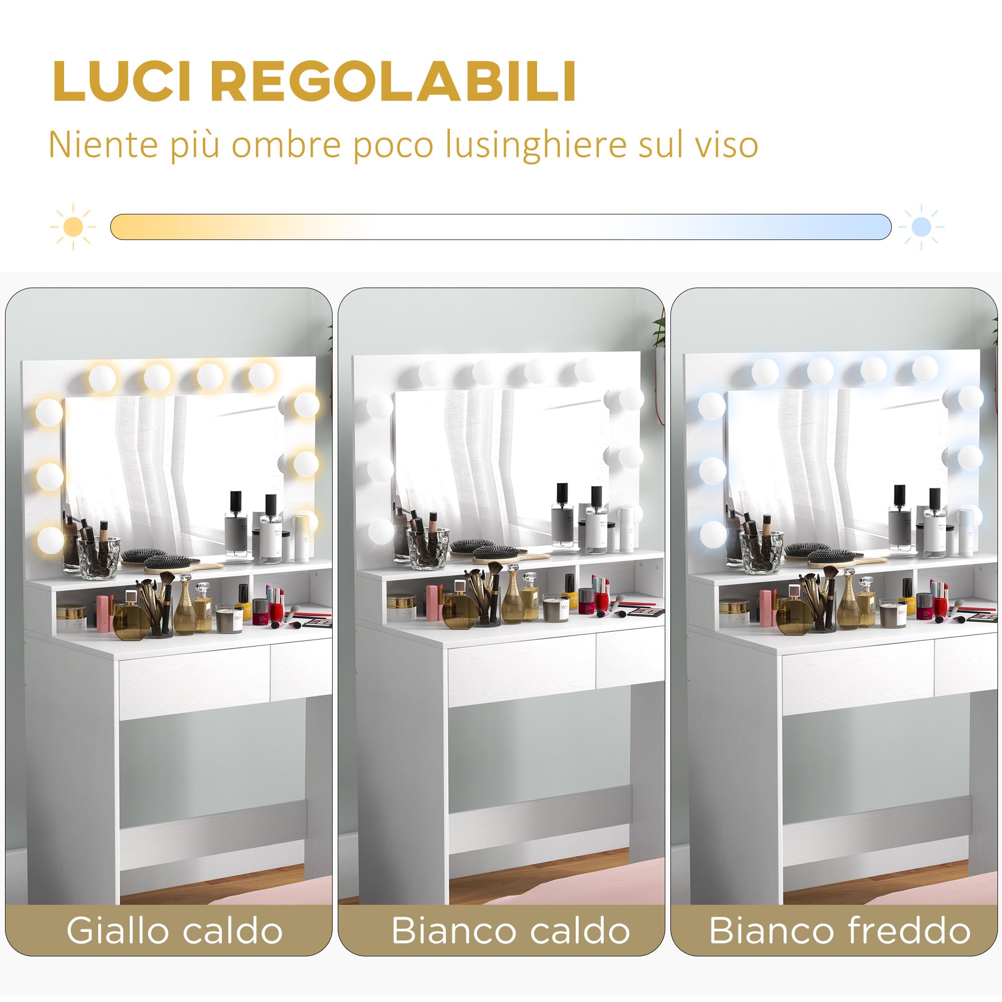 HOMCOM Toeletta Trucco con Specchio e 10 Luci LED Regolabili a 3 Colori, Postazione Trucco con 2 Cassetti e 3 Scomparti, per Camera da Letto, 80x40x135 cm, Bianco