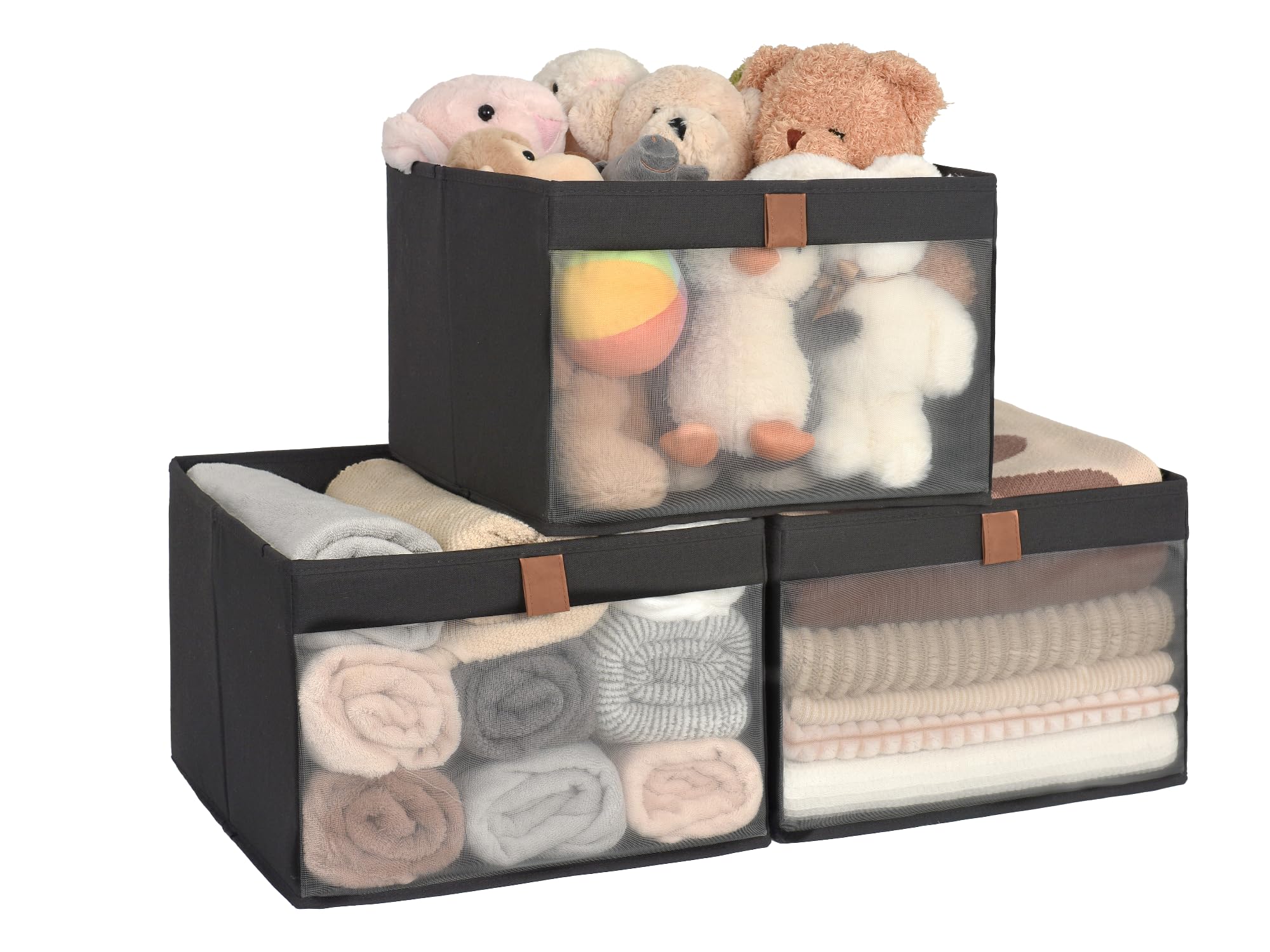 storageworks closet storage bins, extra large storage baskets with clear window and handles, foldable fabric organizer for clothes, shelves, black, 3 pack