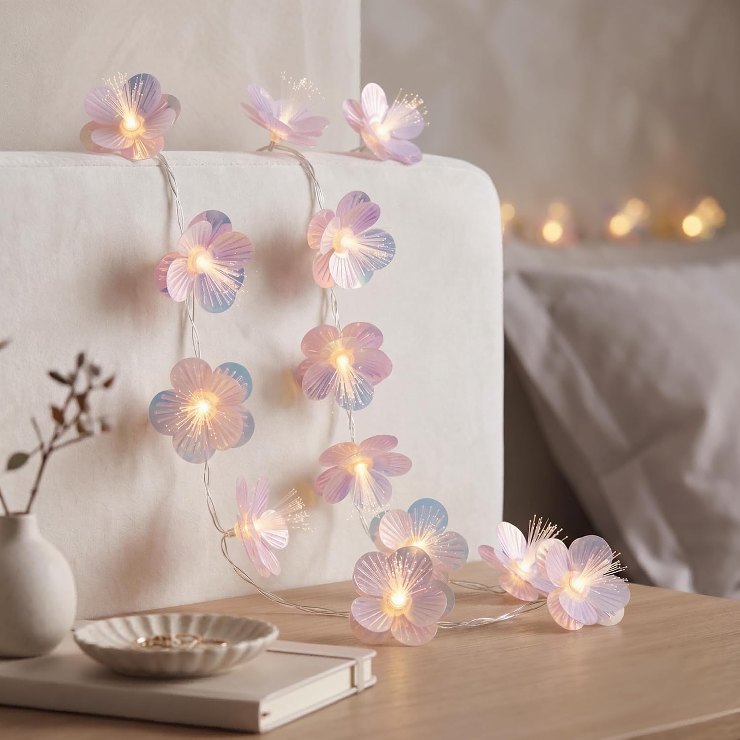 Fiber Optic Flower String Lights, Warm White, 10ft
