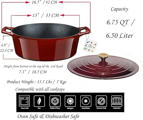 Miniatura 10 de La Cuisine 5210GK - Olla de hierro fundido esmaltado para horno holandés con tapa, 6.5 cuartos de galón de 11 pulgadas de diámetro. Interior