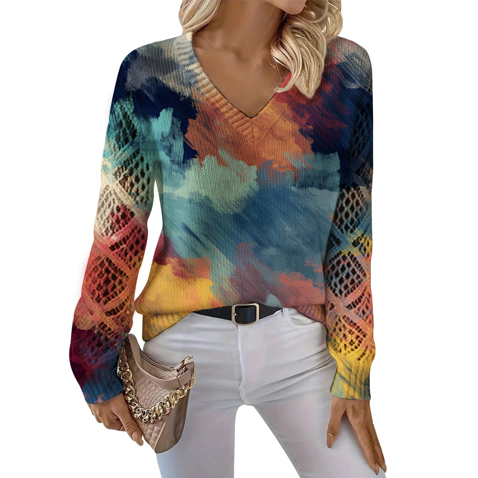 Floral Print V Neck Sweaters for Women Hollow Out Long Sleeve Sweater Casual Graphic Pullover Sweaters Fall Clothes