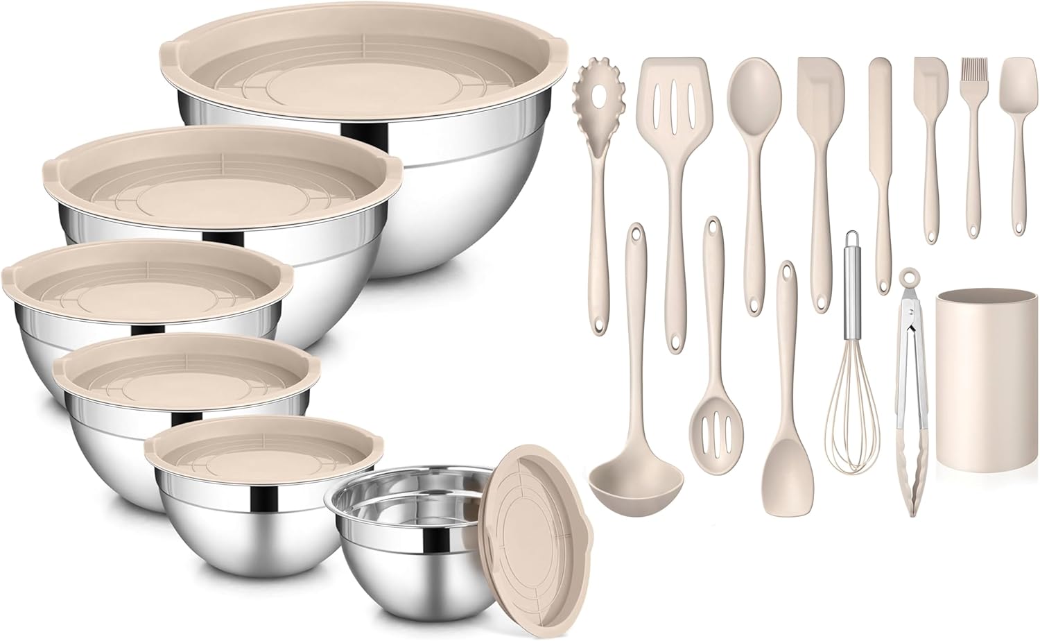 LIANYU Mixing Bowls with Kitchen Cooking Utensils, 20 Piece Stainless Steel Metal Kitchen Nesting Bowl, Size 7, 3.5, 2.5, 2, 1.5, 1QT for Prepping, Baking & Food Storage, Khaki