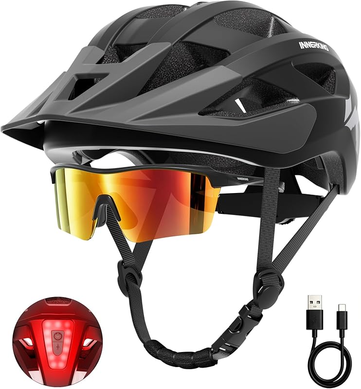 InnerKing Juego de lentes de sol para ciclismo con casco de bicicleta para adultos, luz trasera para hombres y mujeres | Casco de bicicleta de montaña de 7 colores, luz trasera recargable por USB, certificado de seguridad, lentes de protección UV, desplazamientos y conducción, buen ajuste
