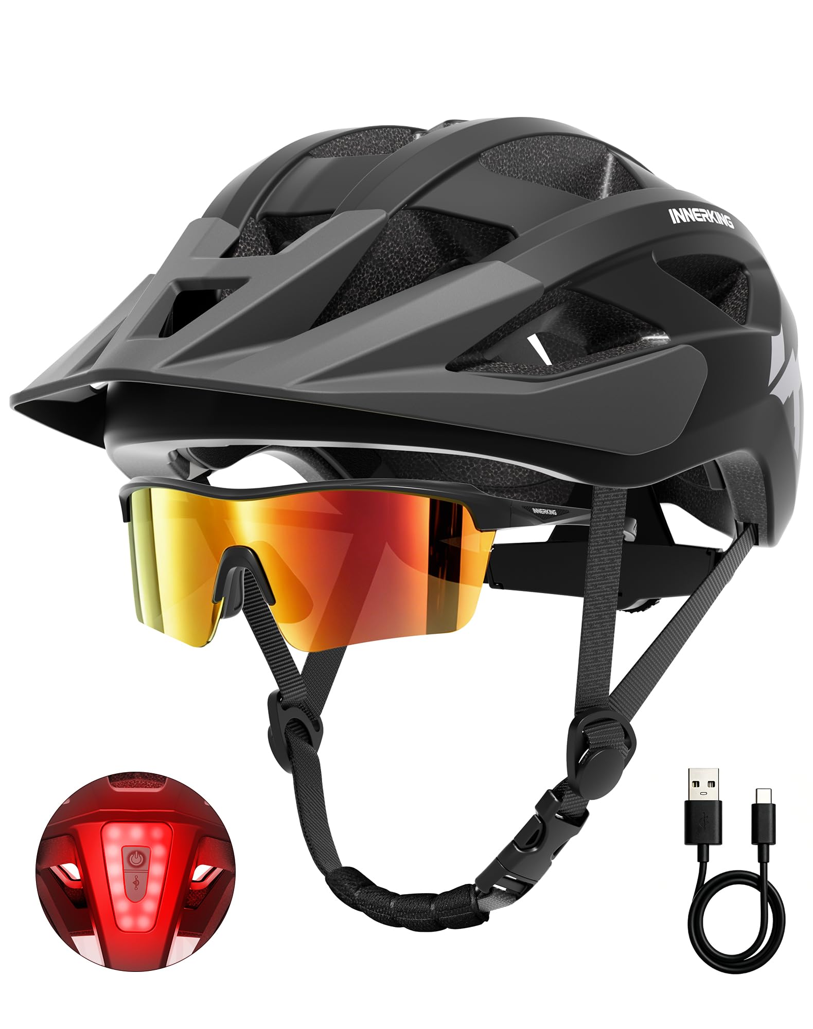 InnerKing Fahrradhelm Set mit Fahrradbrille & LED Licht für Herren Damen | Leichte Fahrradhelm mit USB-Aufladung LED Licht, MTB Helm Radhelm Cityhelm