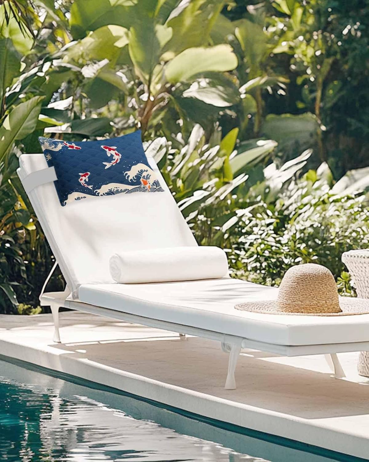 Outdoor Lumbar Pillows with Strap & Insert Blue Ocean Waves Koi Recliner Head Pillow Pack of 2 Japanese Style Waterproof Headrest Patio Lounge Chair Pillows for Beach Office Indoor 12x20 Inch