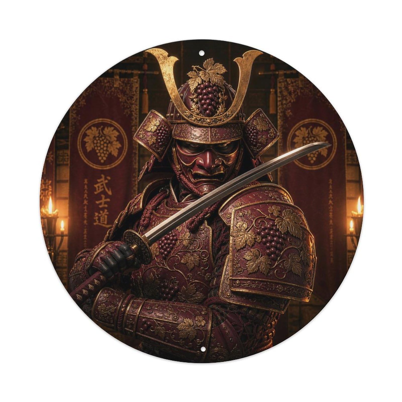 Okngb Style Rustic Deep Red Blade Across Chest Feudal Armor Stamp Metal Tin Sign Plaque Wall Decor For Cafe, Man Cave, Club Bar, Office, Home Garden Round Metal Poster 8X8inch