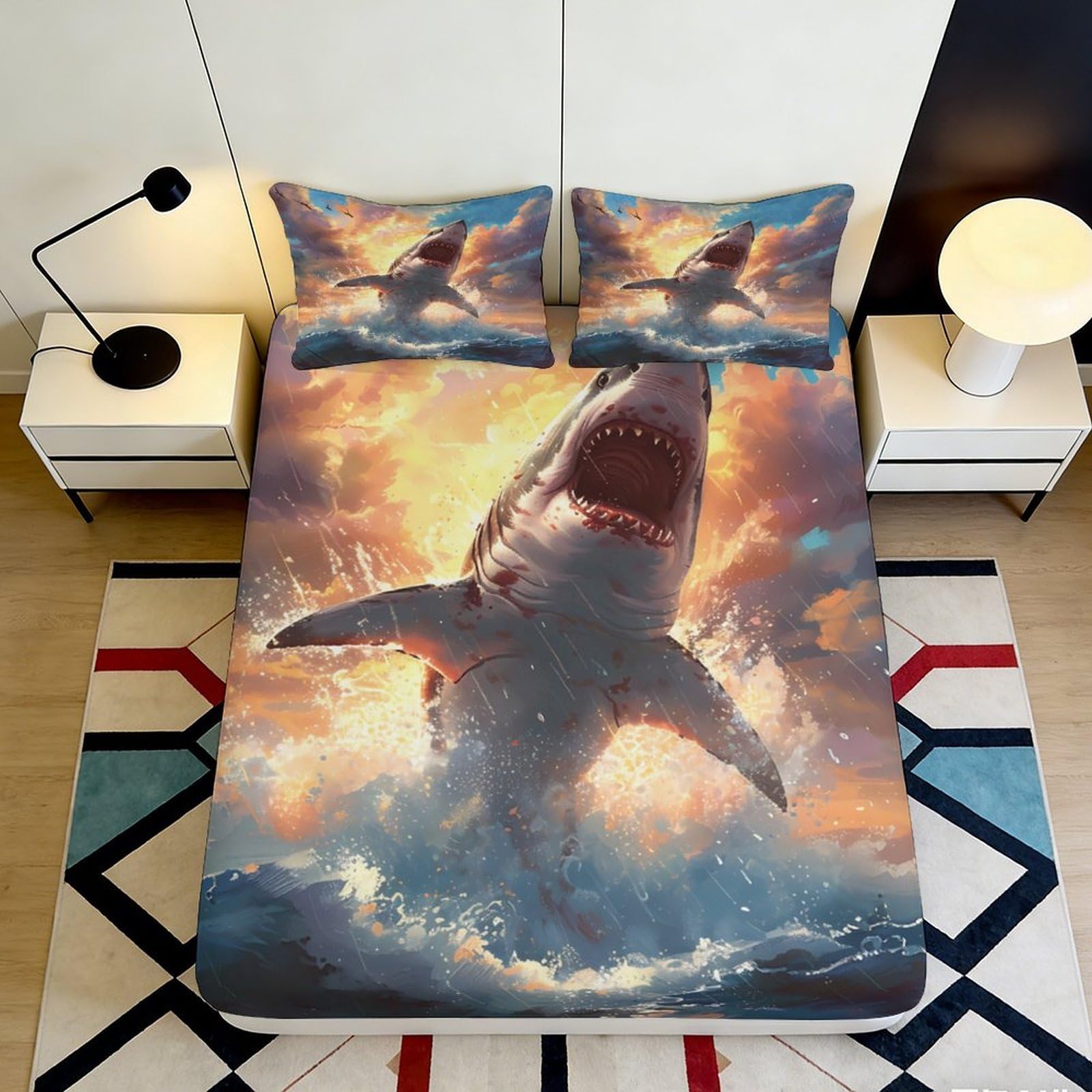 3D Printed Shark Design Fitted Sheet Microfiber Soft Durable Ocean Wave Bed Cover for Bedroom Dormitory Guest Room Mattress Protection 140x200x25cm