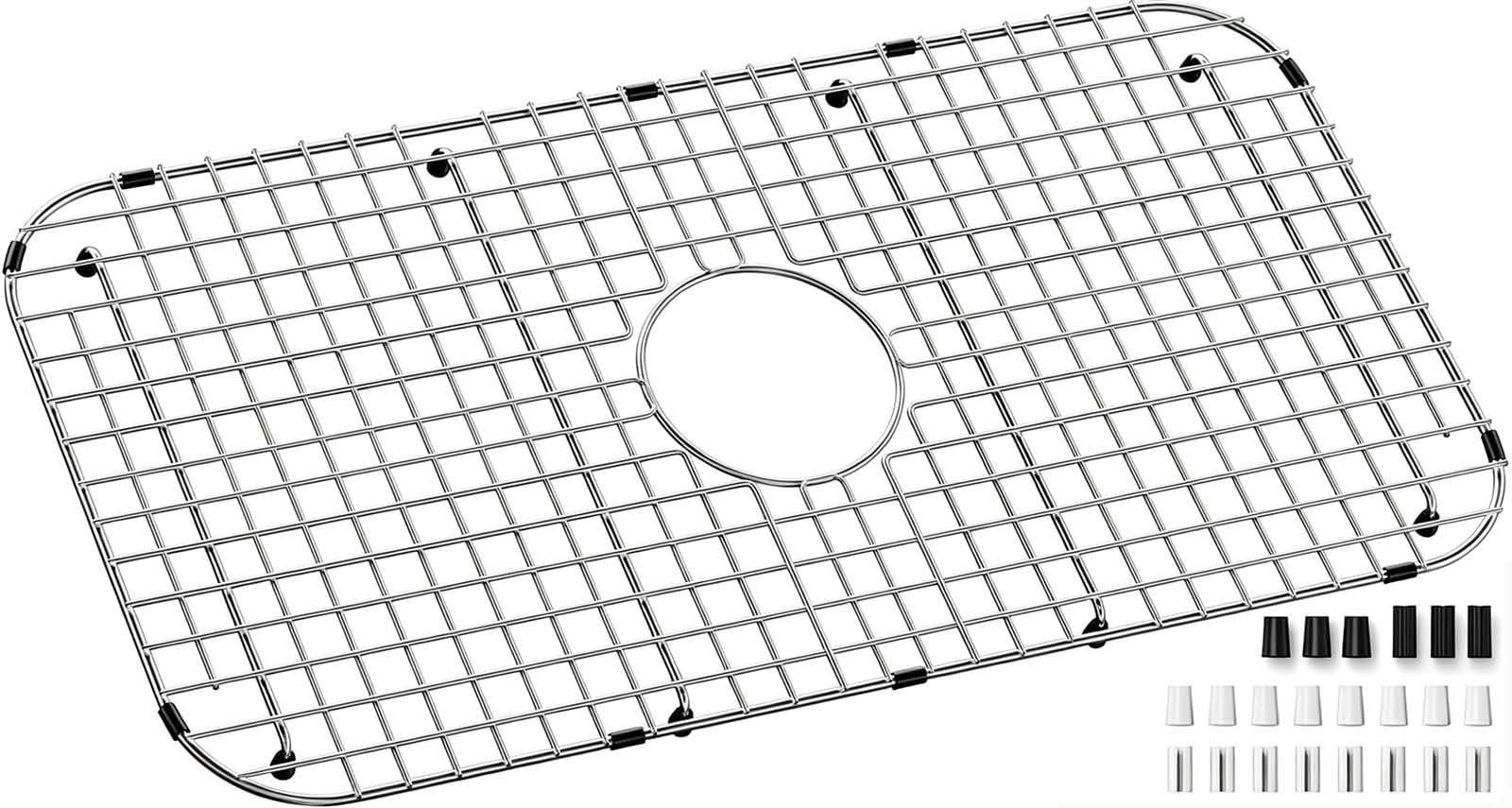 Photo 1 of Sink Protectors for Kitchen Sink Bottom, 304 Stainless Steel 27 x 14 Sink Grid Single-Bowl Farm Sink Protector Metal Grill Rack with Centered Drain Hole with Corner Radius 3-1/2", Soft Rubber Feet