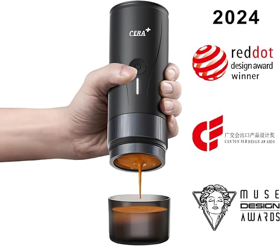 CERA+ PCM04A Portable Espresso Maker with 51mm Professional Coffee Basket, Self-Heating Travel Electric Espresso Machine for Ground Coffee, Camping, Hiking & Office (Not Compatible with NS Capsules)