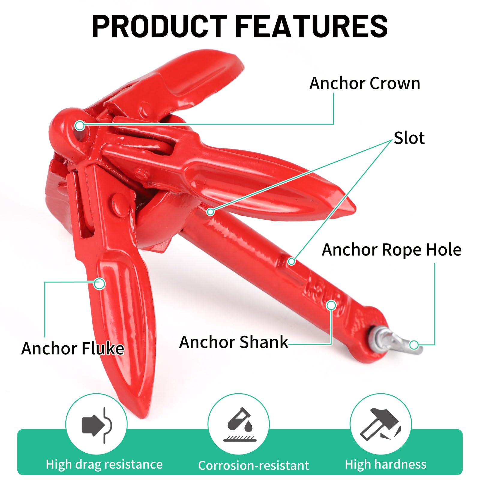 SWAWIS Anker Boot 0,7KG Bootsanker Bootszubehör Klappanker Sup Anker mit 20M Ankerleine Bojenkugel und Aufbewahrungstasche für Schlauchboot Belly Boot Tretboot Paddelboot, Rot