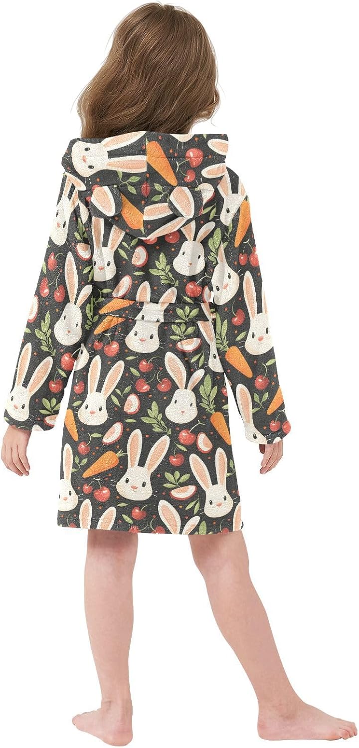 senya Cherries and Rabbit Faces Toddler Hooded Bathrobe Kids Soft Plush Bath Towel Robes for Boys Girls 2-12 Years