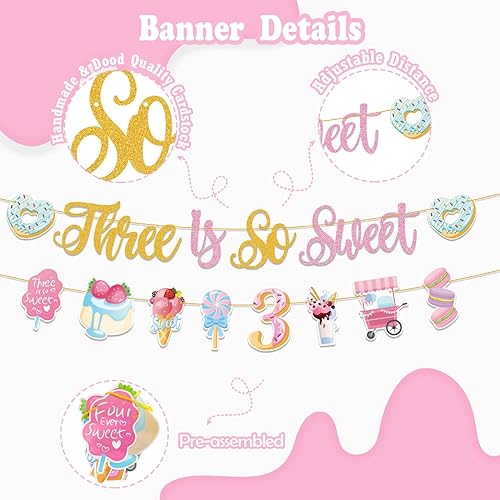 Miniatura 2 de Decoraciones de tercer cumpleaños para niñas, decoraciones de tercer cumpleaños rosa, decoración de fiesta de cumpleaños de helado con pancarta de