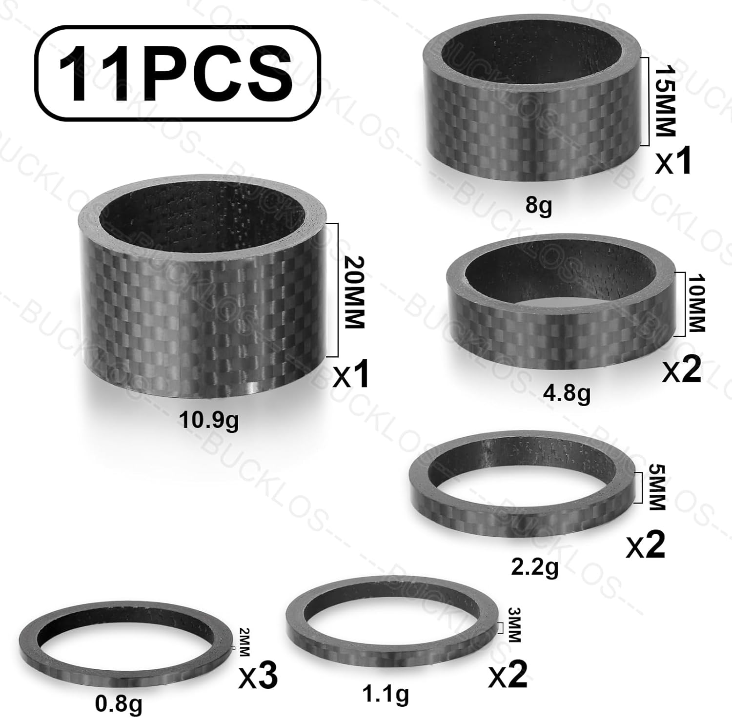 BUCKLOS ヘッドセットスペーサーバイク 11個 1-1/8 フォークステム アルミニウム カーボンファイバーワッシャー - 2