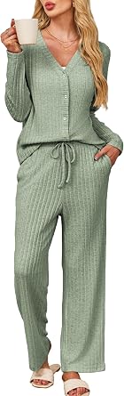 Kikibell Womens Pajamas Sets Button Down Lounge Set 2 Piece Sleepwear Loungewear Long Sleeve Pjs with Pocket Fall Outfits