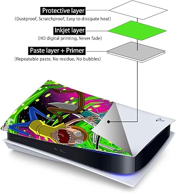 Konsol (Disk Sürümü) ve Denetleyiciler için PS5 İnce Kaplama Vinil Çıkartma, Dayanıklı, Çizilmeye Dayanıklı, Kabarcıksız, PlayStat1on 5 Slim ile Uyumlu (Dijital, R1ck & M0rty)